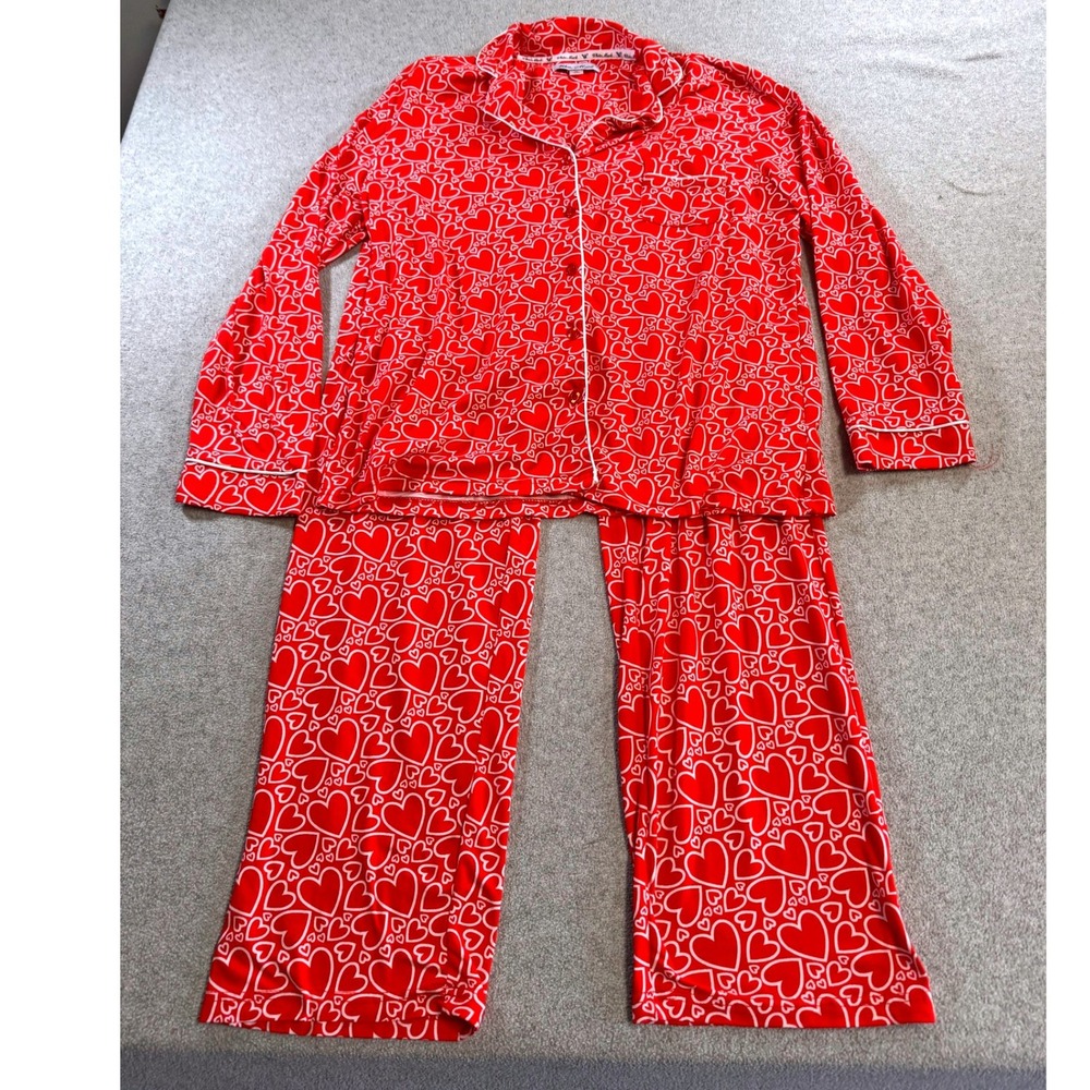 White Mark Pajama Set Women Medium Red Heart Print Excellent‎ Button Front PJs
